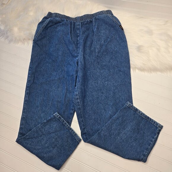 Vintage Chic Pull On Mom Jeans Blue Elastic Waist Women's 14 Petite Pockets EUC - Picture 1 of 12